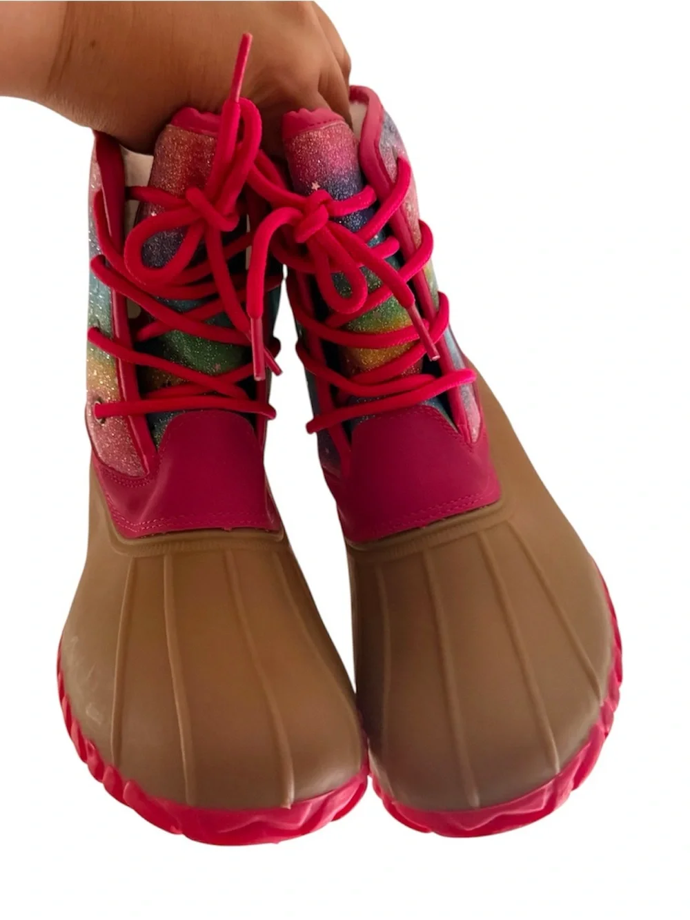 Rainbow Ombre Glitter Duck Boots Lace Up Sherpa Girl's. Size 5